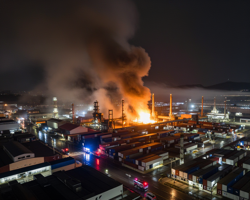 Cinematic view of a large logistics warehouse fire scene